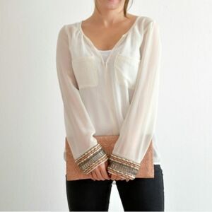 Zara trafaluc Cream sheer Blouse with Embellished beaded embroidered Sleeves